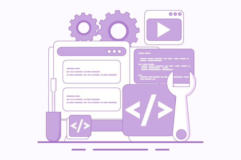 Il·lustració d'unes eines sobre unes pantalles amb quadres de comandament de programació