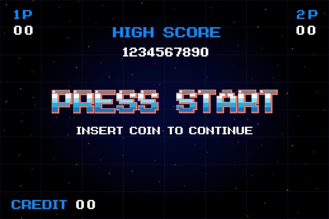 Pantalla d'inici d'un videojoc retro, tipus pixel art