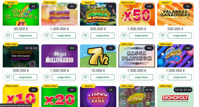 Catàleg digital de l'ONCE de rasques amb diferents imports i premis de fins a un milió d’euros
